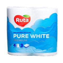 Бумага туалетная "Pure White" 4 рулона, на гильзе, 3-х слойный, белый RUTA