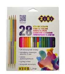 Олівці кольорові, 28 кол. (12 стандарт, 4 двостор.), тригранний, KIDS Line