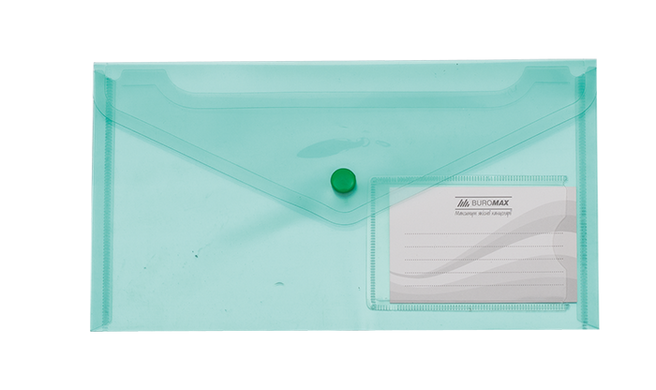 Папка-конверт TRAVEL, на кнопці, DL, глянцевий прозорий пластик, зелена