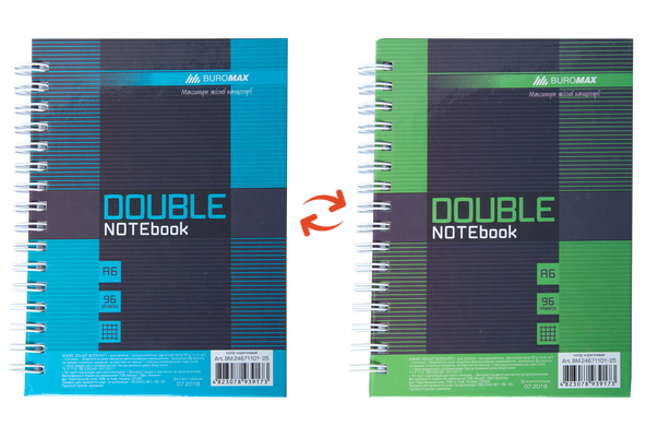Книга записна DOUBLE, А6, 96 аркушів, клітинка, тверда ламінована обкладинка, зелена/блакитна